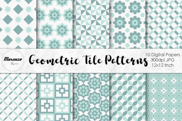 Geometric Tile Patterns in Green & Blue: Calming Digital Papers for Creative Projects