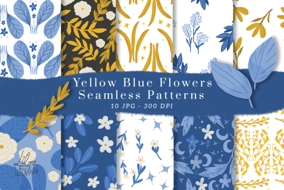 Yellow Blue Flowers Seamless Patterns: 10 High-Resolution JPGs for Endless Creative Possibilities